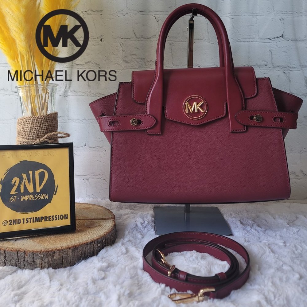 Michael Kors Carmen Medium Mulberry Saffiano Leather Flap Top Handle Bag